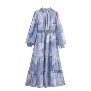 Robe Maxi Femmes Mousseline Col Montant Manches Longues Taille Smokée Imprimé Patchwork Tie Dye Élégant Vacances Robe