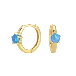 Close-up of gold s925 silver hoop earrings featuring blue round opal stone inlay
