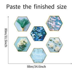 Detail showing set of 6 hexagonal wall stickers with blue floral and palm leaf patterns