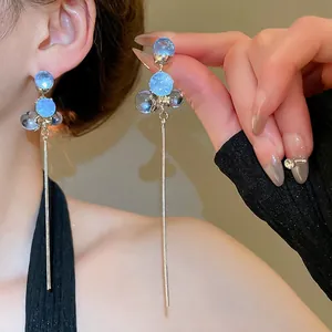 Long Tassel Dangle Earrings With Blue Resin Beads And Silver Earring Post Elegant Korean Style For Women