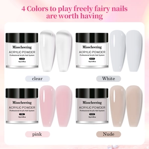Detail of four-color professional acrylic powder set in clear, white, pink, and nude shades