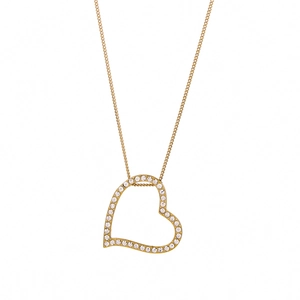 Detailed close-up of a gold heart pendant necklace with shimmering pave-set zircon stones