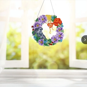Detail of 5D DIY diamond painting wreath featuring a cute koala and colorful floral design