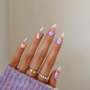 Minimalist Wave Line Design Press On Nails Long Almond Shape Abstract Colorful Plastic False Nails For DIY