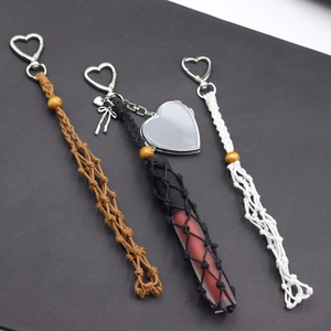 Handwoven lipstick holder keychain with silver heart charm and small oval mirror