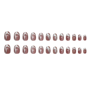 Mauve glitter press on nails with 3D silver metallic lines in oval shape 24pcs set