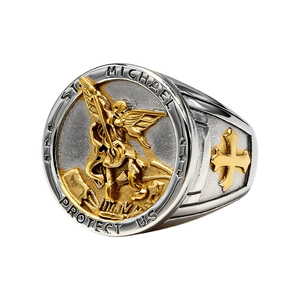 Saint Michael Archangel ring in two-tone stainless steel with vintage religious relief