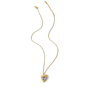 Close-up of 18k gold heart pendant with purple gemstone and adjustable lobster clasp chain