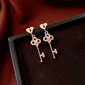Heart Lock Key Drop Earrings Real Gold Plated Copper Cubic Zirconia With Silver Earring Post Elegant For Women