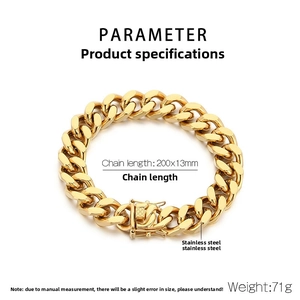 Detailed size chart of a 13mm gold stainless steel Cuban link bracelet for men