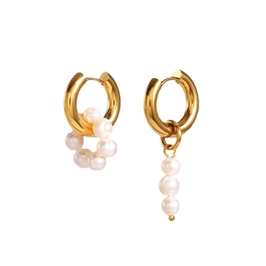 Asymmetric 18K gold plated hoop earrings with natural freshwater pearl pendants