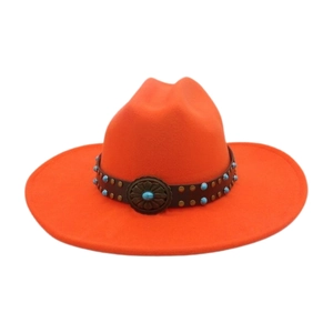 Close-up of orange felt fedora with turquoise beads and vintage metal floral buckle