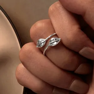 Minimalist S925 sterling silver leaf open ring with adjustable bypass branch design