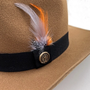 Close-up of brown wool felt hat with decorative feathers and gold metallic anchor pin