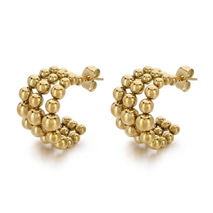 Modern gold-plated C-shaped beaded titanium steel earrings with a gradient ball design