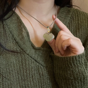 New Chinese style adjustable necklace with light green RuYi jade pendant and gold beads