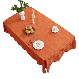 French vintage orange lace tablecloth with damask patterns and elegant scalloped edges