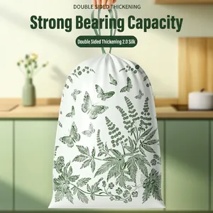 Thickened drawstring trash bags with green floral print and strong weight capacity