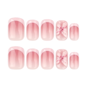 French pink gradient press-on nails with 3D flower design and glossy squoval finish