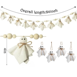 Halloween ghost wooden bead garland with bat pendant, 84-inch length wall hanging decor
