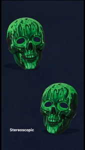 Detail of glow in the dark skull mask with 3D stereoscopic melting texture for Halloween