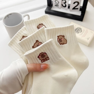 Calze Al Polpaccio Donna Cotone Maglia Ricamo Cartone Animato Capibara Orso Carino Traspirante Bianco