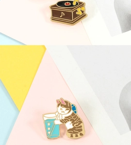 Detailed view of enamel pins featuring a vintage gramophone and a cute tabby cat with glass