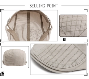 Detailansicht der Nähte und des Innenlebens einer klassischen beige Baumwollmütze