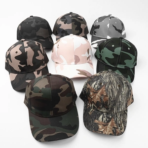 Eight assorted camouflage cotton baseball caps featuring various forest and desert patterns