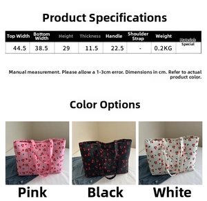 Detailed dimension chart and color options for the cherry print tote bag for women