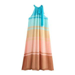 Halter Neck Maxi Dress Women Gradient Striped Chiffon Sleeveless High Waist Elegant Summer Beach Vacation Flowing Long