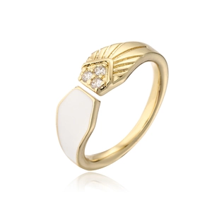 Detailed macro view of 18K gold plated open ring with white enamel and sparkling zircons