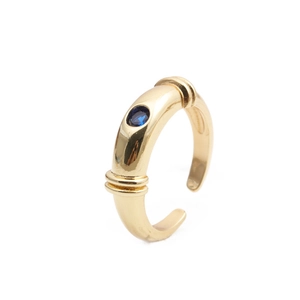 Gold plated geometric open ring with micro-pave blue zircon gemstone on white background