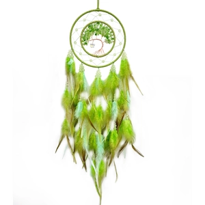 Luminous green tree of life dream catcher with feathers and beads for wall hanging