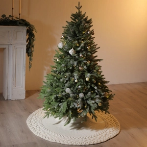 48 inch green knitted Christmas tree skirt with double diamond pattern and warm lights