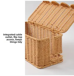 Macro view of woven cable management box with integrated outlet hole and flip cover
