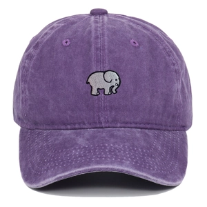 Washed purple cotton baseball cap with gray elephant embroidery and vintage texture