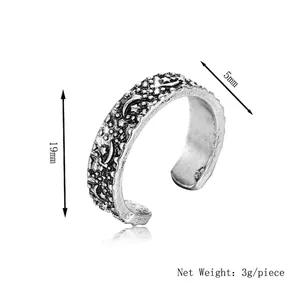 Bague ouverte rétro gravée lune et étoile, finition argent antique, largeur 5mm