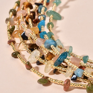 Multi-layer colorful irregular natural stone beads necklace with gold metallic beads