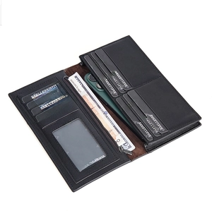 Detailed interior view of a black men's long wallet with brown lining and multi-card slots