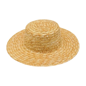 Close-up of the natural fine wheat straw weaving texture on a wide brim boater sun hat