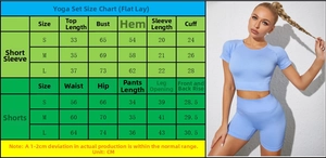 Size guide for seamless knit yoga set showing measurements for top and shorts in CM