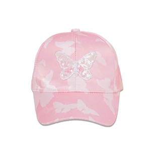 Close-up of pink satin baseball cap with sequined butterfly patch and floral patterns
