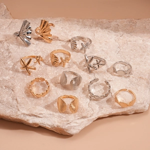 6-piece gold and silver seashell starfish open rings set with geometric metal design