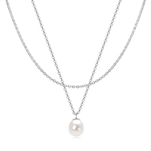 Close-up of double-layer silver chain with a polished teardrop freshwater pearl pendant