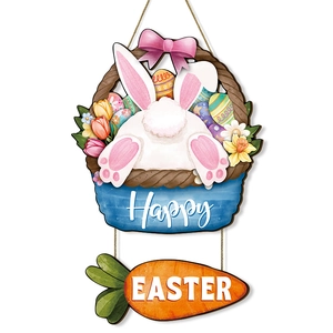 Wooden Easter door sign featuring bunny, colorful eggs, tulips and Happy Easter text