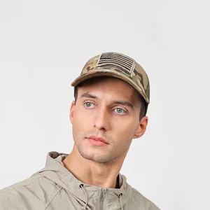 Men's camouflage mesh tactical baseball cap with American flag patch in outdoor style