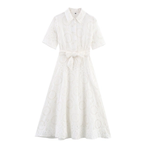 White Eyelet Embroidery Maxi Dress Short Sleeve Shirt Collar Waist Tie Elegant Hollow Out Cotton Blend For Women