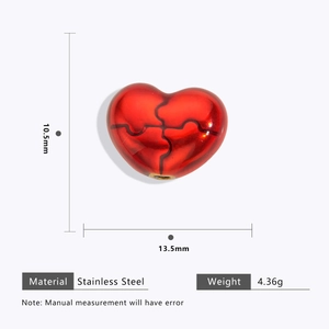 Detailed view of red heart pendant with dimensions 10.5mm by 13.5mm in stainless steel