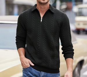 Detailed close-up of men's black knit quarter-zip sweater showing intricate jacquard texture
